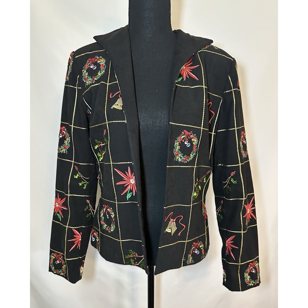 MAK New York Christmas Embroidered Floral Wreath Bell Black‎ Holiday Blazer 8